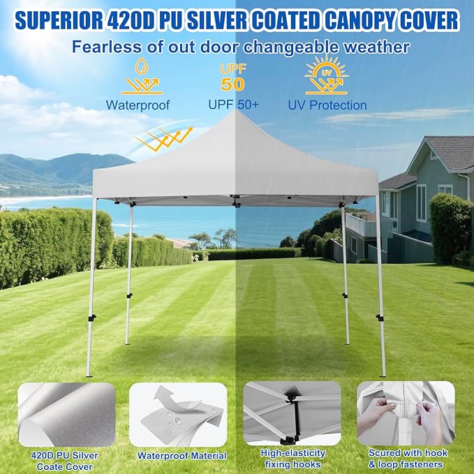 Yesker 10x10 Pop Up Canopy Tent with 4 Sidewalls Portable Folding Outdoor Canopy Easy Setup Gazebo Waterproof Instant Popup Shelter Tent w Wheel Carry Bag sandbags for Events Parties Camping White