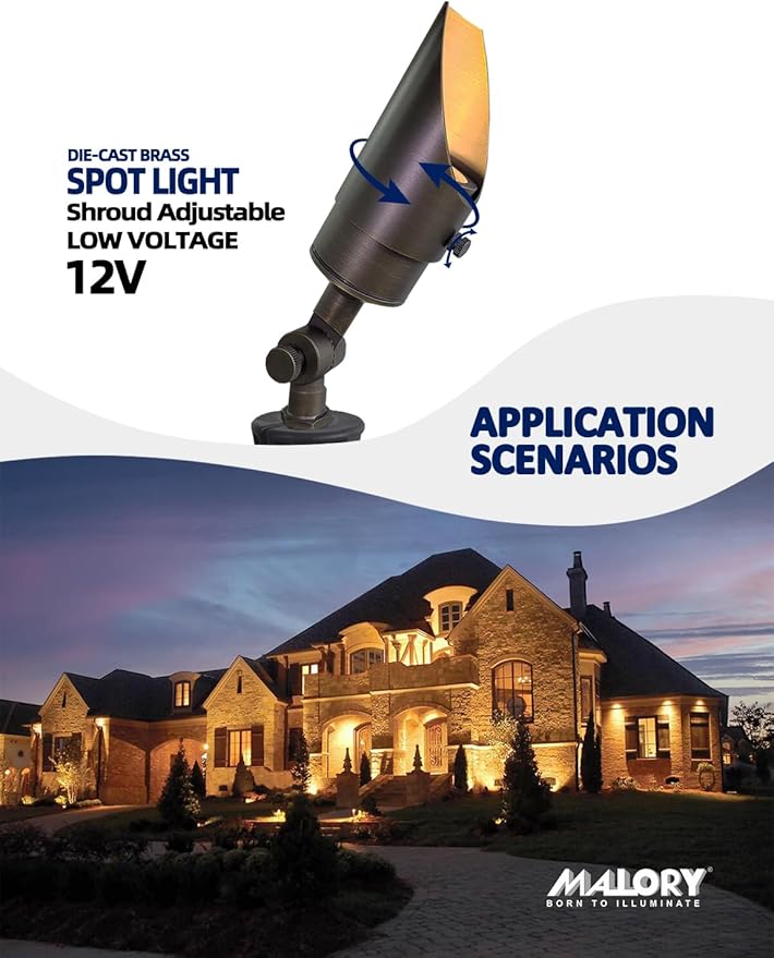 MALORY Brass Landscape Spotlight 1-Pack with MR16 Bulb Kit(S04) Low Voltage 12V AC/DC Shroud Adjustable Outside Yard LightingPVC Ground Stake and Wire Connector Included 5W 2700K Warm White