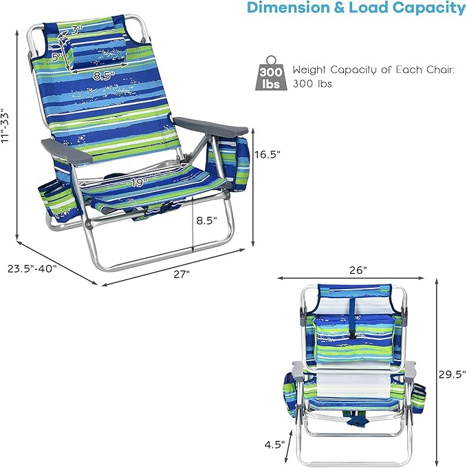 Goplus Beach Chair Folding Backpack Beach Chairs for Adults with 5 Positions Head Pillow Cooler Bag Towel Bar Cup Holders Sunbath Sling Tanning Lounge Foldable Layout Camping Chairs