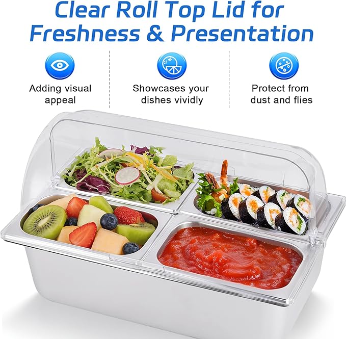Cold Food Buffet Server 4 Pans×2.7QT with Ice Packs for Salad Pizza Sauce Colded Serving Trays Condiments Containers for Parties Buffet