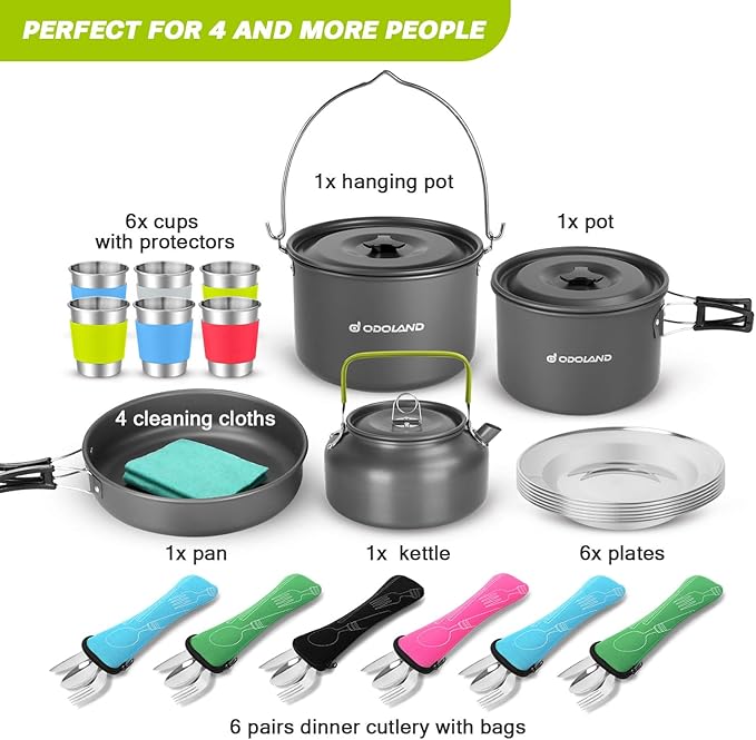 Odoland 39pcs Camping Cookware Mess Kit Non-Stick Large Size Hanging Pot Pan Kettle with Base Dinner Cutlery Sets for 6 and More Cups Dishes Forks Spoons Kit for Outdoor Camping Hiking Picnic