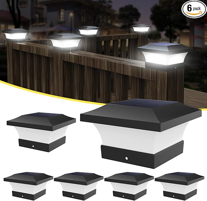 T-SUN Solar Post Lights Outdoor Waterproof Solar Post Cap Lights for 4X4 5X5 6X6 Wooden Posts6000K White LED Lighting Deck Patio Garden Decor or Fence(6 Pack)