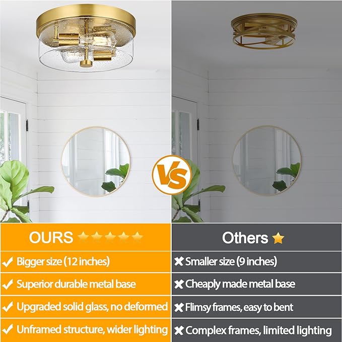 Flush Mount Ceiling Light Fixtures 2-Light Gold Ceiling Mount for Farmhouse with Seeded Glass Lampshade Industrial Flush Mount Light Fixture Farmhouse for Hallway Kitchen Entryway and Foyer