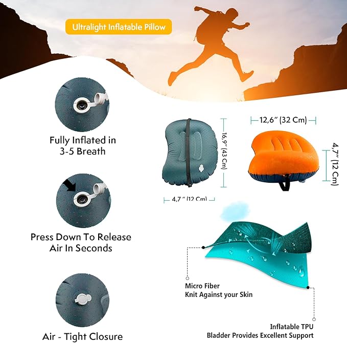 Ultralight Inflatable Camping Travel Pillow - Compressible Compact Comfortable Ergonomic Inflating Pillows for Neck &amp Lumbar Support Camp Hiking Backpacking (Orange)