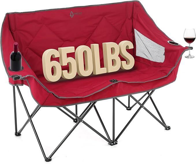 ARROWHEAD OUTDOOR Portable Folding Double Duo Camping Chair Loveseat w/ 2 Cup &amp Wine Glass Holder Carrying Bag Supports up to 500lbs