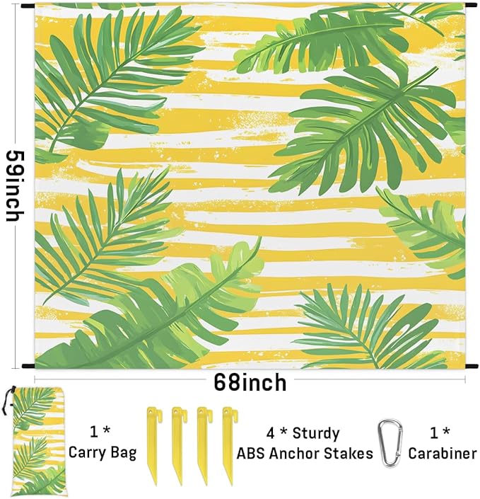 Waterproof Sandproof Beach Blanket 59''×68'' Plants Sequoia Leave Polyester Outdoor Picnic Blanket with 4 Stakes &amp Storage Bag for BeachCampingVacation