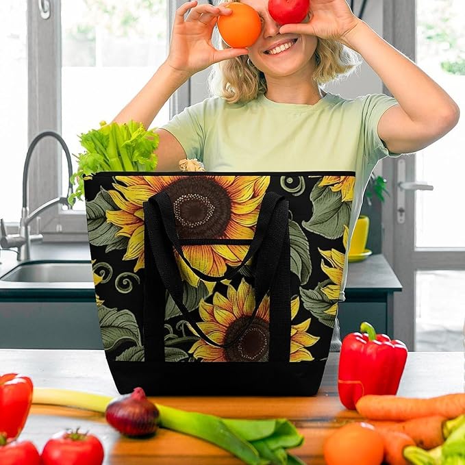 Insulated Shopping BagLarge Reusable Cooler Bags Floral Sunflower Printed Foldable Shopping BagTravel Waterproof Shoulder Bag