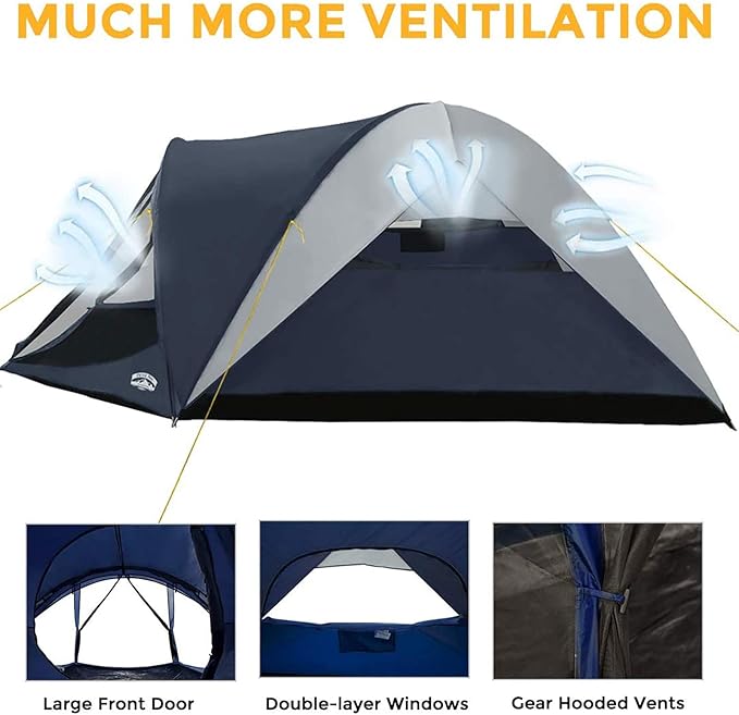 Pacific Pass 6 Person Dome Tent w/ Removable Rain Fly and Screen Room Water Resistant - Navy/Gray