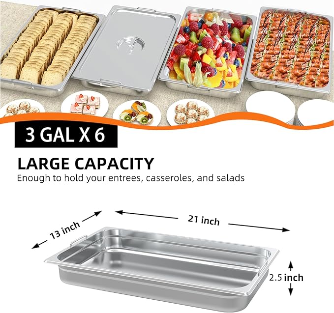 6 Pack Full Size Hotel Pans 2.5 Inch Deep with Hand 304 Stainless Steel Steam Table Anti-Jam Commercial Food Pans for Steam Tables Restaurants Catering &amp Industrial Use