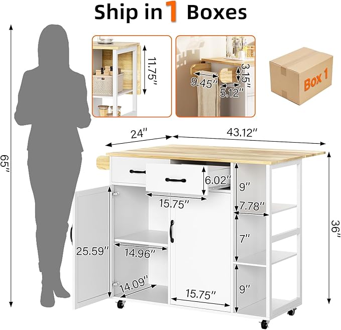 Rolling Kitchen Island Cart with Drop Leaf – 2-Door Cabinet 2 Drawers 3-Tier Spice Rack Towel Holder Bar Table – Ample Storage Utility Cart for Home or Dining Room – Pearl White