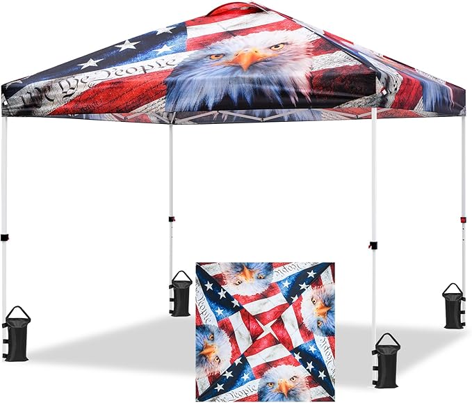 EAGLE PEAK Pop Up Canopy Tent with Wheeled Carry Bag 8 Stakes 4 Ropes 4 Weight Bags Easy Set Up Tent Canopy 10x10 ft 100sqft of Shade American Icon