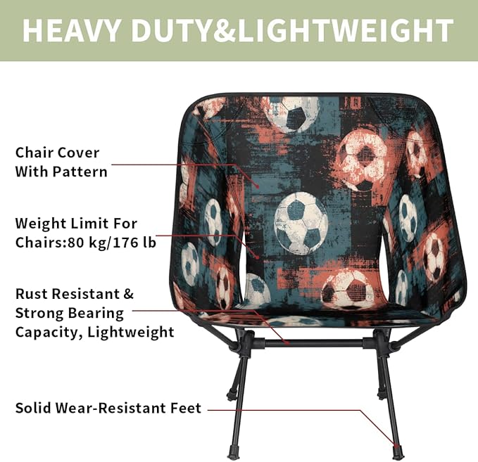 Vintage Soccer Footabll Camping Chair Folding Backpacking Chair Portable Lightweight Outdoor Chairs with Side Pockets for Hiking Beach Picnic