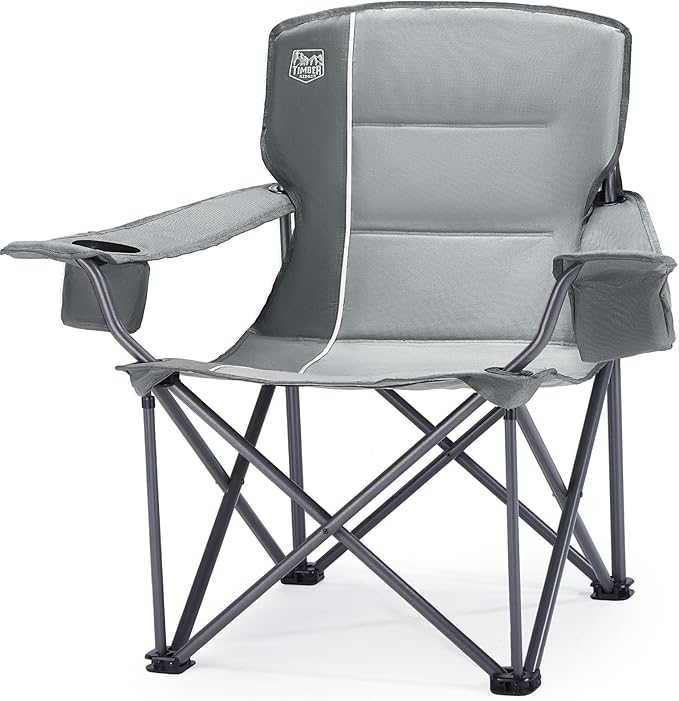 TIMBER RIDGE Oversized Folding Camping Chair for Adults Support 550 LBS Heavy Duty with Cup Holder Side Pocket for Camping Lawn Picnic Grey