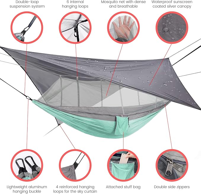 Camping Hammock with Mosquito Net &amp Rain Fly Tent Tarp &amp Tree Straps Portable Strong Nylon Hammock Parachute Tent w/Storage Bag for Camping Hiking Backyard Outdoor Backpacking Travel