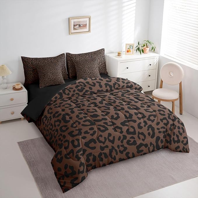jejeloiu Brown Black Leopard Comforter Set with SheetsPillowcases &amp Cushion Cover Kids Animal Print 7 Piece Bedding Set Twin Size Safari Bed in a Bag for Women Men Room Decor Microfiber Cheetah