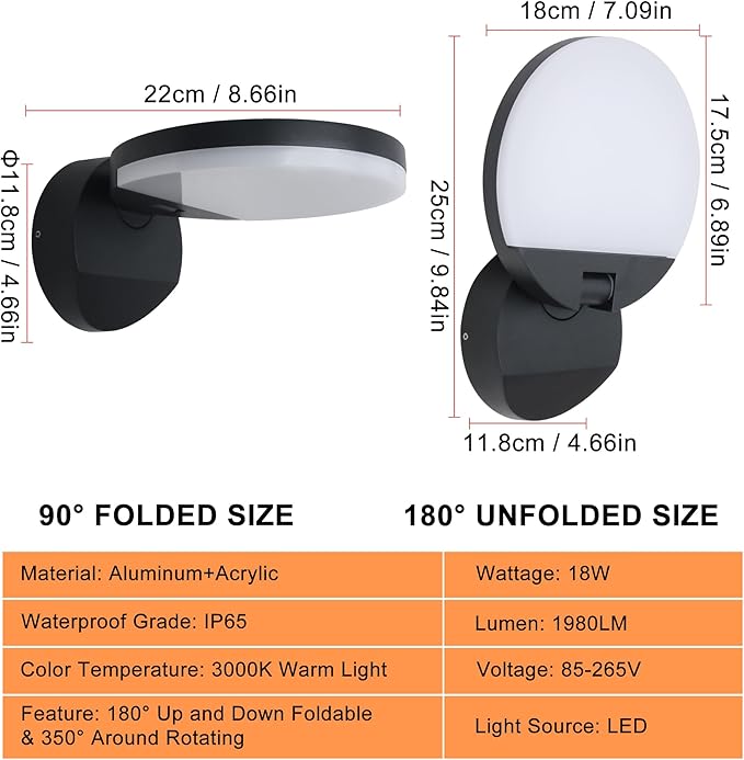 Outdoor Wall Light 18W 1980LM Black Aluminum Outdoor Lights IP65 Waterproof Rotatable Sconce Lighting LED Porch Lights 3000K Foldable Patio Wall Light Fixture for House Garage Round