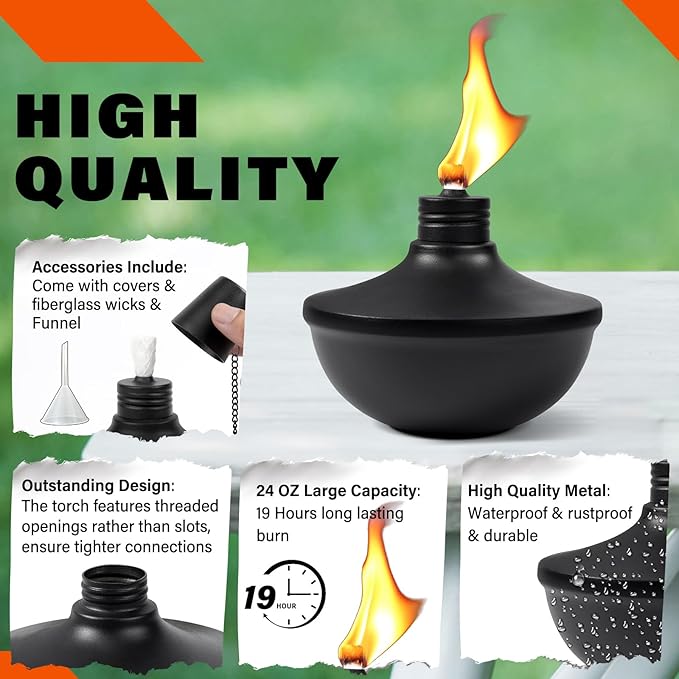 6-Pack Upgraded Tabletop Torches 24 oz Citronella Torch Lights Refillable Torch with Wicks Covers and Funnel Included - Ideal for Garden Patio Deck Yard Party Landscape