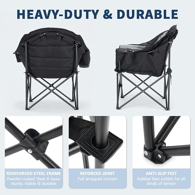 NAIZEA Padded Camping Chairs with Cooler Bag Folding Camping Chair for Adults Outdoor Heavy Duty Heated Lawn Chair for Camp Garden Firepits Patio &amp More