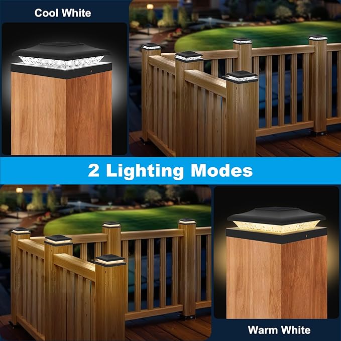12 Pack Solar Post Cap Lights Outdoor 2 Modes (Warm/White Light) Black Fence Post Solar Powered Lights Waterproof for 5x5 5.5x5.5 6x6 Wooden/Vinyl Posts Decorate Garden Deck Patio Porch