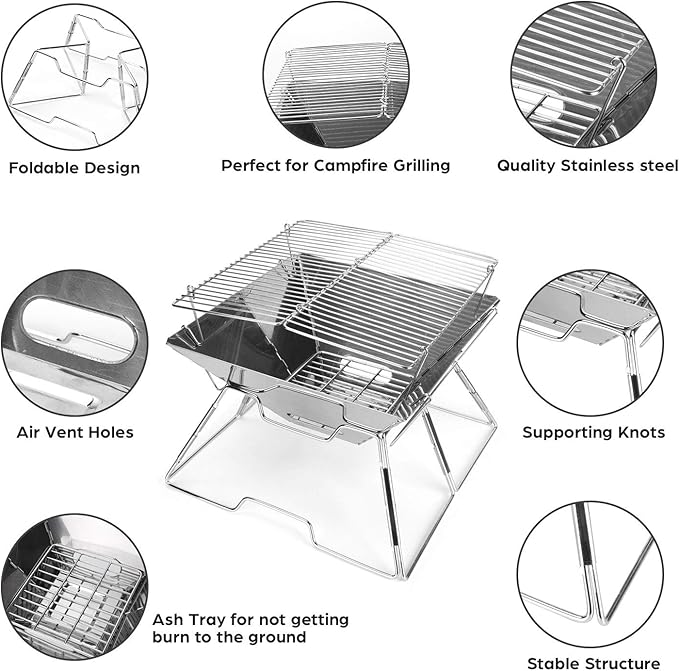 Odoland Folding Campfire Grill 304 Stainless Steel Grate Barbeque Grill Portable Camping Grill with Legs for Picnics Backpacking Outdoor with Carrying Bag and Kitchen Tongs