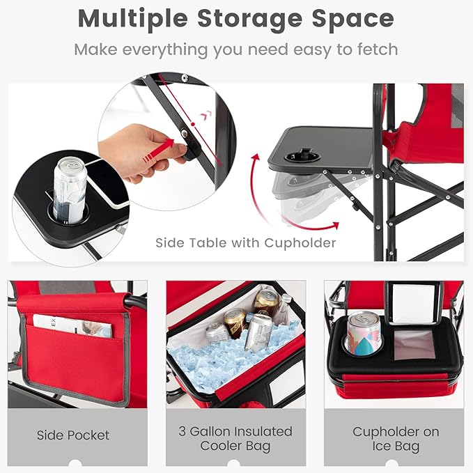 Tangkula Camping Chairs Folding Camp Chair with Side Table Cooler Bag Portable Outside Padded Lawn Chair for Travel Picnic Fishing Heavy Duty Oversized Director Chair for Adults Supports 400lbs