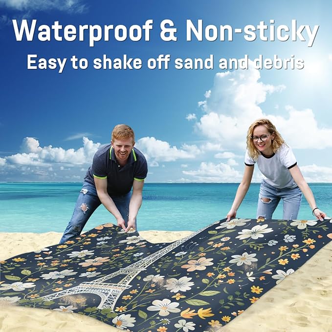 Waterproof Sandproof Beach Blanket 59''×68'' Plant Architectural Landscape Polyester Outdoor Picnic Blanket with 4 Stakes &amp Storage Bag for BeachCampingVacation Retro Blue