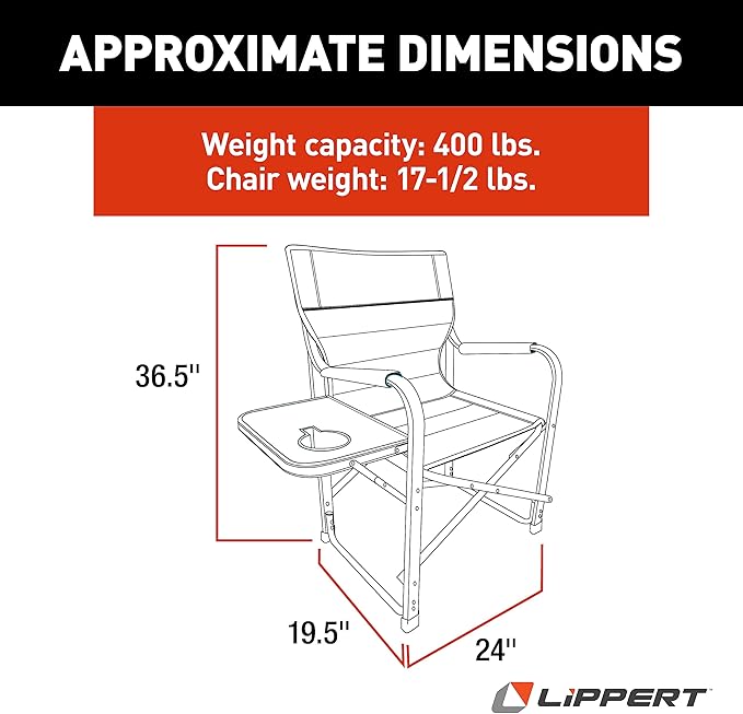 Lippert Components Scout Plus Director Chair with Side Table for Camping Foldable Steel Tube Frame 600D Polyester UV and Water Resistant PVC Coating 400 lb. Weight Capacity Sand - 2021123282