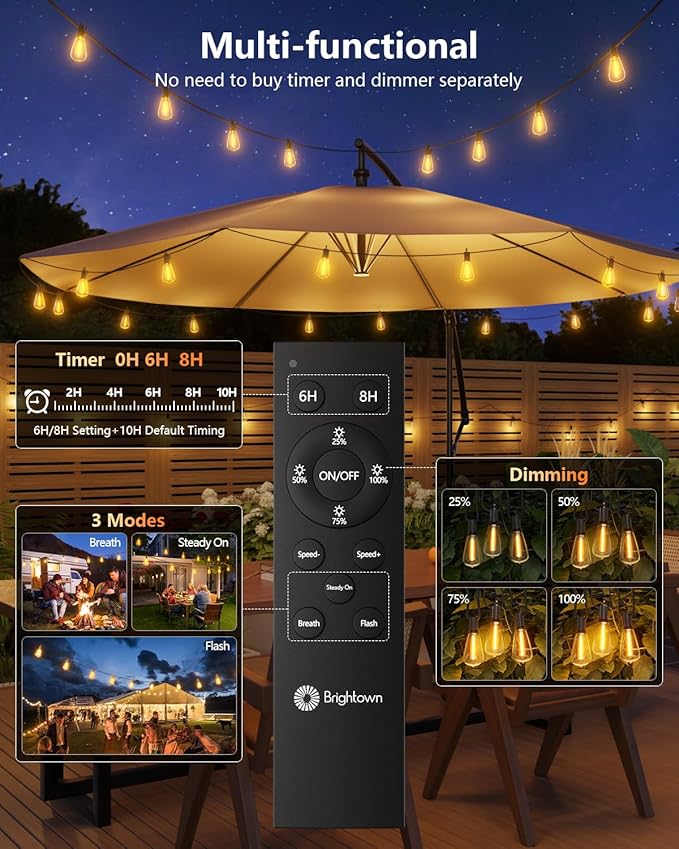 Brightown 175FT Solar String Lights Outdoor Waterproof with Remote 56+2 LED Shatterproof Bulbs Dimmable &amp Timable 3 Light Modes - Commercial Grade Patio Lights for Garden Backyard Party Decor