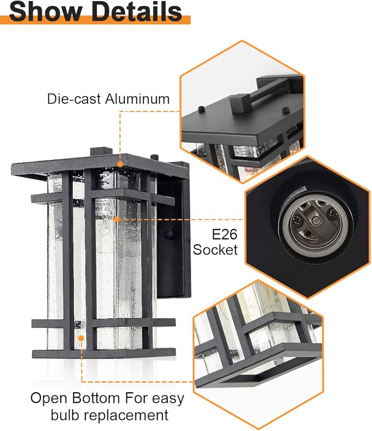 Retro Outdoor Wall Light Small Outside Wall Lamp with Clear Seeded Glass Shade 10H Exterior Light Fixtures Wall Mount IP65 Waterproof Outdoor Porch House Lighting Exterior Wall Lantern E26Black