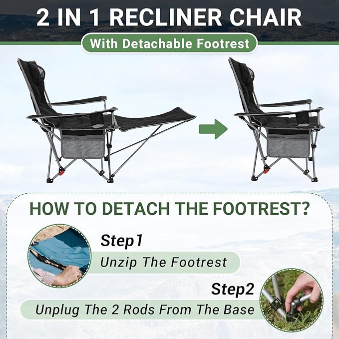 #WEJOY 2-in-1 Camping Chair Reclining Lightweight Folding Camping Chair with Adjustable Backrest &amp Footrest Camping Lounge Chair with Headrest Cup Holder Storage Bag for Beach Lawn Concert