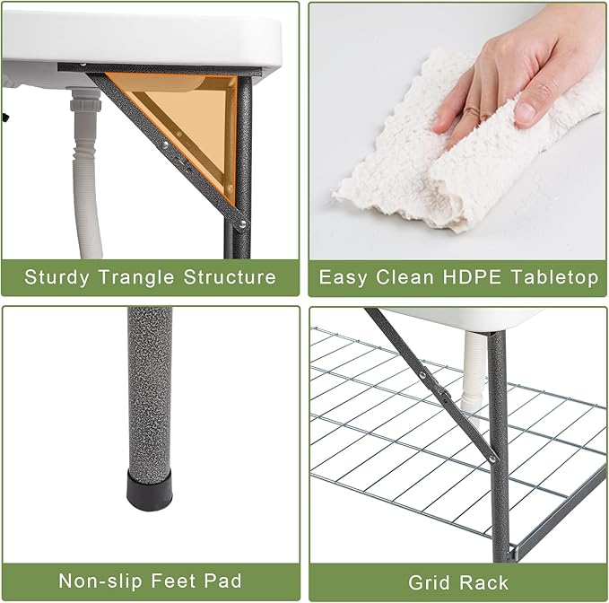 White Outdoor Sink Fish Cleaning Table Portable Camping Table with Faucet Hose Fish Fillet Camping Sink Table for Picnic Beach PatioPortable Folding Camping Fish Station with Foldable Faucet
