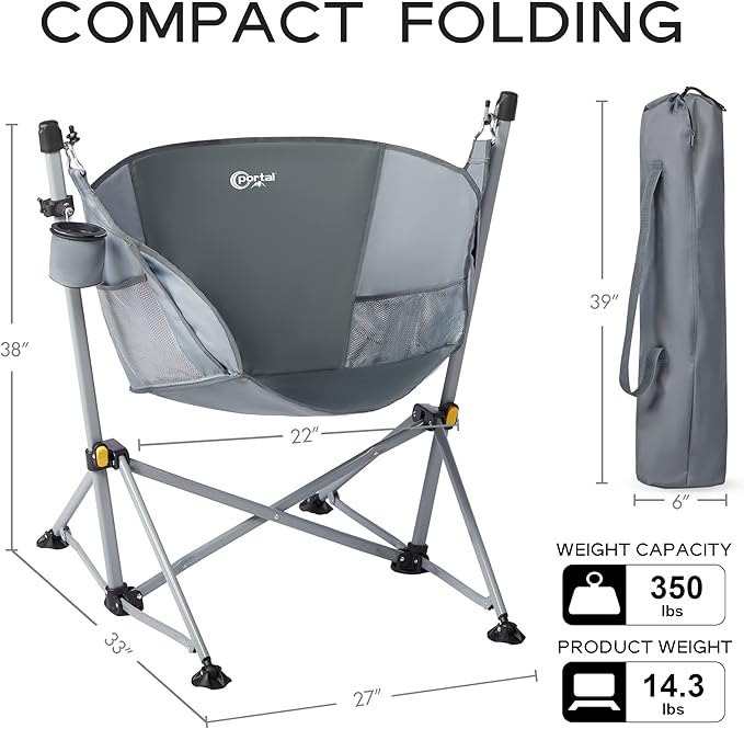 Portal Large Hammock Camping Chair Folding Rocking Chairs Portable Swinging Chair Wide Seat for Outdoor Lawn Patio GardenSupport 350 lbs Grey