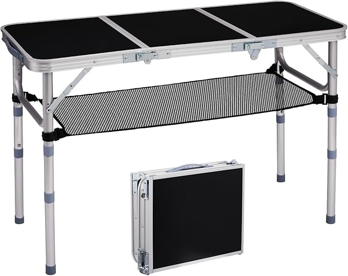 VINGLI Small Folding Table Portable 3FT Aluminum Foldable Camping Table for Picnic Card Table with 3 Adjustable Height &amp Carry Handle for Outdoor Indoor Hiking Camp BBQ Beach-Black