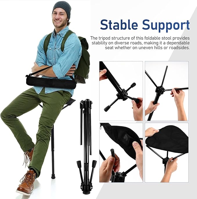 Folding Outdoor Camping Stool Adjustable Height Tripod Folding Chair Portable Lightweight Fishing Hiking Seat for Adults