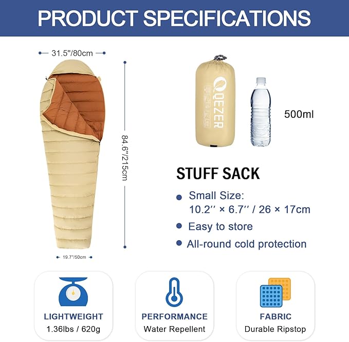 Ultralight Down Sleeping Bag for Adults with 600 Fill Power Compact Sleeping Bag for Backpacking Hiking and Camping
