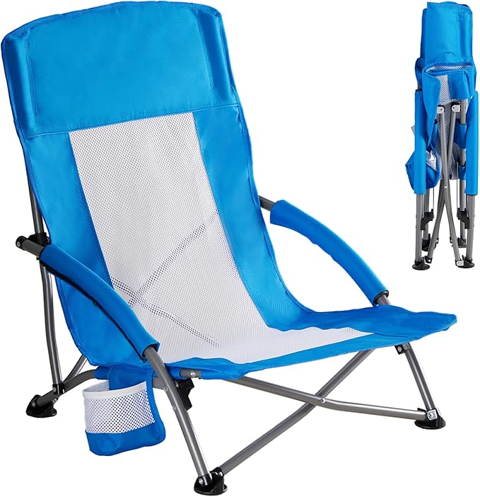 DUMOS Low Beach Chair for Adults Lightweight Folding Beach Chair with Cup Holder Storage Bag Breeze Mesh Back Padded Armrests Compact Low Profile Chair for Camp Picnic Lawn Sand