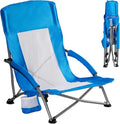 DUMOS Low Beach Chair for Adults Lightweight Folding Beach Chair with Cup Holder Storage Bag Breeze Mesh Back Padded Armrests Compact Low Profile Chair for Camp Picnic Lawn Sand