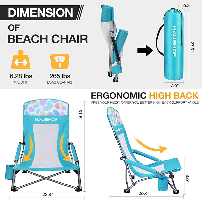 HAUSHOF High Back Beach Chair Mesh Back Folding Chair Lightweight Low Seat Camping Chairs with Cup Holder Carry Bag Padded Armrest for Outdoor Beach Lawn Camping Picnic Festival