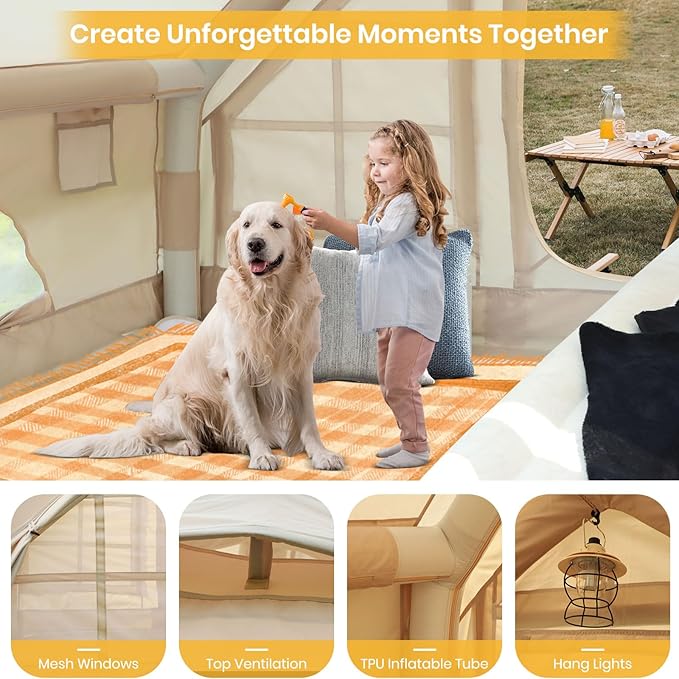 LVUYOYO Inflatable Camping Tent 4 Season Glamping Tent with Mesh Windows Waterproof Oxford Family Cabin Tents Easy Setup Blow Up Tent for Person