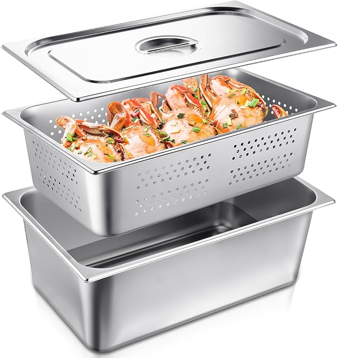 Ferraycle 3 Pack Full Size 6 Inch 8 Inch Hotel Pan with Lid Perforated Steam Table Pan Restaurant Supplies for Kitchen Steam Table Tray for Food Warmer