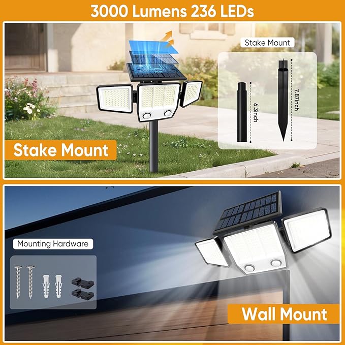 Solar Motion Sensor Outdoor Lights Waterproof - 3000LM 3 Modes Security Lights Outdoor 270° Illumination IP65 LED Solar Flood Wall Light for Garden Yard Patio Pathway (with Stakes 1)