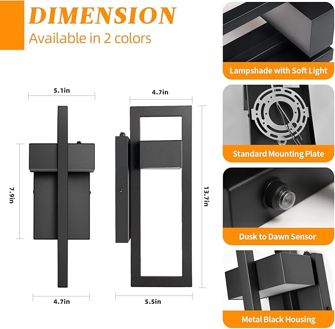 tewei LED Outdoor Wall Sconce Dusk to Dawn Outdoor Lighting Modern Exterior Lighting Fixtures Black LED Front Porch Lights Outside Wall Mount Lights for House Hallway Warm White 3000K 2 Pack
