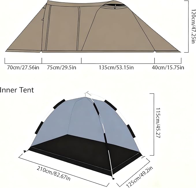 Massif Hot Tent with Stove Jack 4 Season Tent 2 Person Camping UPF50+ Waterproof Windproof WinterKhaki Dual Room Design with Extended Porch