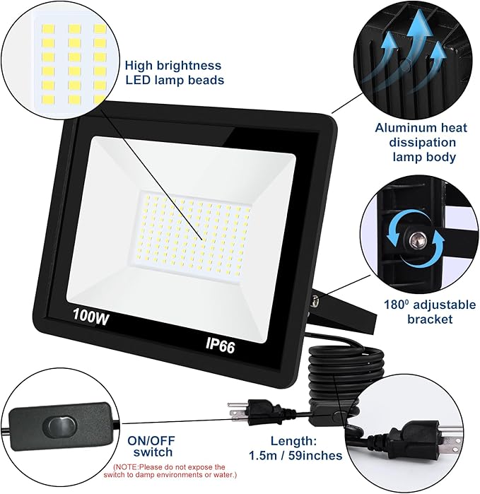 LED Flood Light Outdoor100W LED Work Light with ON/Off Switch Plug in Security Lights IP66 Waterproof 6500K 2Pack Portable Exteriores Floodlights for Yard Garage Stadium Garden Patio