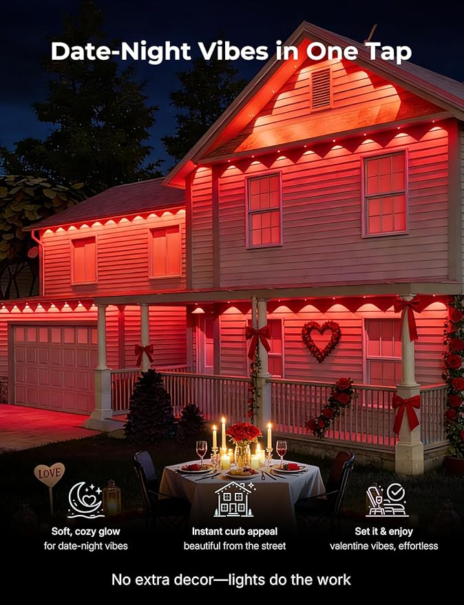 150FT Permanent Outdoor Lights -RGB Eaves Lights with App Control RemoteDIY Scene Modes IP67 Waterproof Outside LED Light for Christmas Holiday Daily House Roof Eternity Lighting