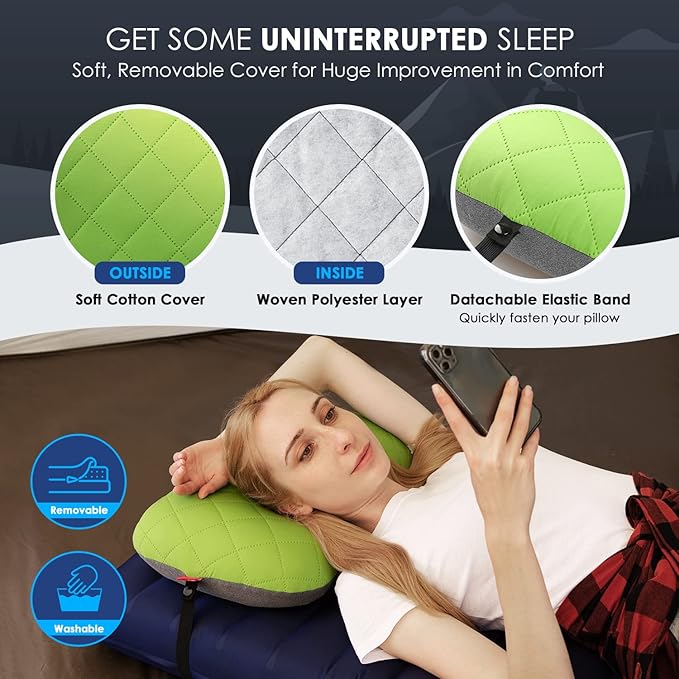Hikenture Camping Pillow with Removable Cover - Ultralight Inflatable Pillow for Neck Lumbar Support - Upgrade Backpacking Pillow - Washable Travel Air Pillows for Camping Hiking Backpacking