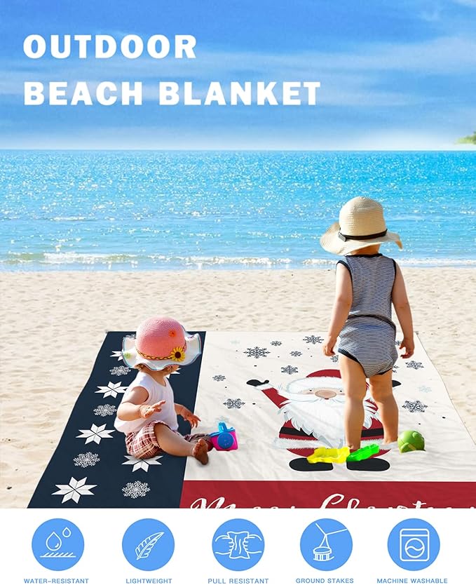 Beach Blanket Waterproof Sandproof Christmas Snowflakes and Cute Dwarf Quick Drying Beach Mat with 4 Stakes Red White and Blue Lightweight Picnic Blanket for Travel Camping Outdoor 83x79