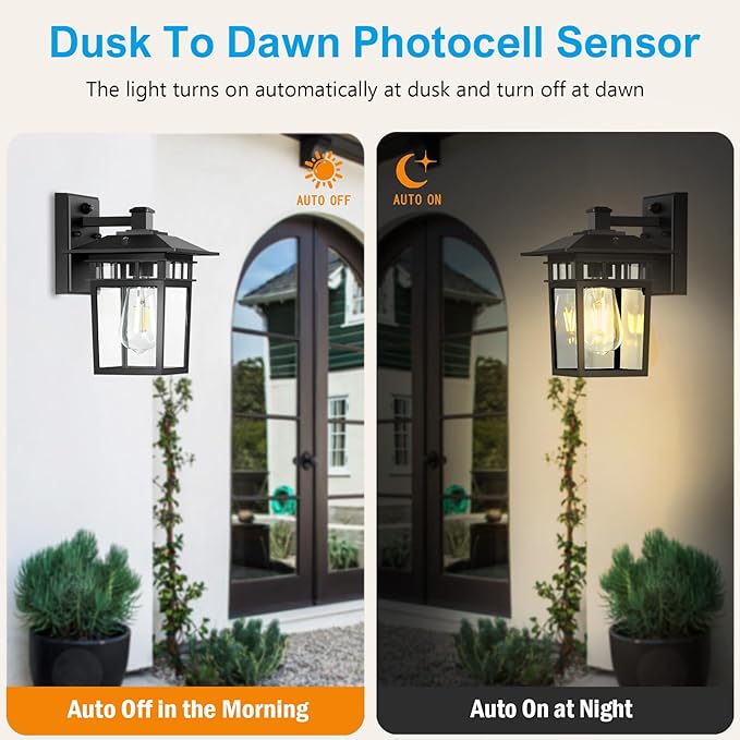 Dusk to Dawn Outdoor Wall Lights Black Porch Lights with Rust-Resistant Aluminum &amp Tempered Glass Exterior Lighting Fixtures 10.4 2-Pack for House Patio Garage Front Door