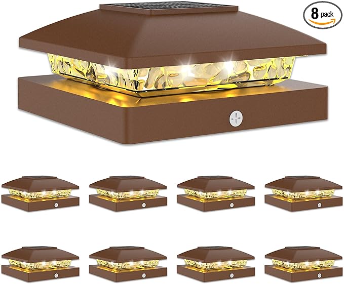 VOLISUN 4x4 Solar Post Cap Light 8packSolar Fence - Post Lights Brown Outdoor Waterproof for Wooden/Vinyl Post with Warm White for Deck