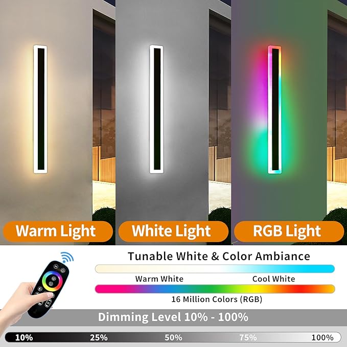 Mikeru 2pack 57inch Outdoor Wall Light Fixtures RGB Long Exterior Wall Light 10%-100% Dimmable Smart Outdoor Light Fixtures Wall Mount Featuring Multiple Modes and 12 Colors for Patio Entryway